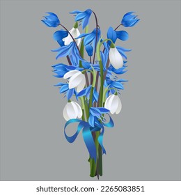 Bouquet of blue and white spring vector flowers, snowdrop leaves and stems decorated with a blue silk ribbon symbol of spring and spring holidays