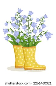 Bouquet of bluebell flowers in yellow rain boots. Spring composition for Women's Day, Mother's Day, Valentine's Day and other holidays. Spring floral design isolated vector illustration.