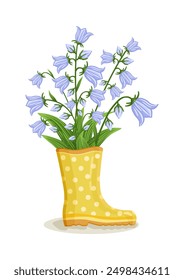 Bouquet of bluebell flowers in yellow rain boot. Spring composition for Women's Day, Mother's Day, Valentine's Day and other holidays. Spring floral design isolated vector illustration.