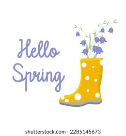 a bouquet of bluebells in yellow rubber boots. Hello spring. Gardening. vector illustration