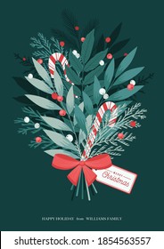 Сhristmas bouquet with bow, lollipops, holly berries, winter plants and leaves, pine branches. Xmas and Happy New Year postcard. Vector illustration