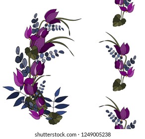 Bouquet, branch of tropical flowers. Purple cyclamen. Seamless ribbon of flowers.