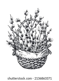 Bouquet-Äste verwelken im Korb. Feiertagskomposition. Handgezeichnete Skizze. Illustration für Grußkarte, Dekoration