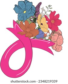 Bouquet Breast Cancer Pink Ribbon Wildflowers Illustration