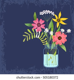 Bouquet of bright flowers and leaves in a glass jar. Textural background. Vector illustration.