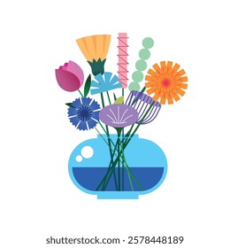 Bouquet of bright flowers in a transparent vase. Design template with bright colors geometric shape. Fresh flowers. Poster aesthetic. Floral art.