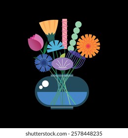 Bouquet of bright flowers in a transparent vase. Design template with bright colors geometric shape. Fresh flowers. Poster aesthetic. Floral art.