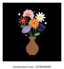 Bouquet of bright flowers in a vase. Design template with bright colors geometric shape. Fresh flowers. Poster aesthetic. Floral art.