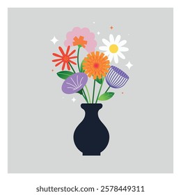 Bouquet of bright flowers in a vase. Design template with bright colors geometric shape. Fresh flowers. Poster aesthetic. Floral art.