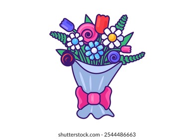 Bouquet of bright flowers wrapped in paper stroked cartoon style