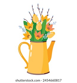 A bouquet of bright spring flowers in a yellow enameled teapot. A teapot with a posy of yellow tulips. Illustrated vector clipart.