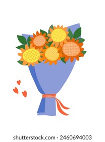 Bouquet with bright yellow, orange sunflowers. Vector graphics.