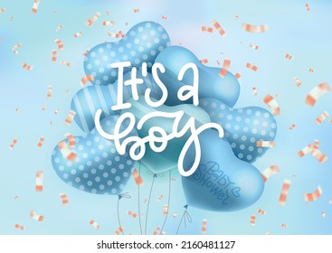 Bouquet, bunch of 3d blue heart shaped balloons with text - It's a boy. Baby shower invitation with helium balloons, golden confetti on pink background. Vector realistic illustration