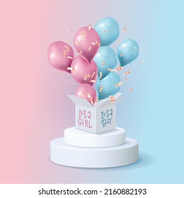 Bouquet, pandilla de globos tridimensionales rosados y azules volando fuera de la caja blanca con texto Es un chico. Ilustración vectorial para tarjeta, género revelar fiesta, diseño, volante, afiche, decoración, banner, web