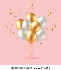 Bouquet, bunch of realistic 3d ballons serpentine, confetti. Vector illustration for card, party, design, flyer, poster, decor, banner web advertising Eps 10