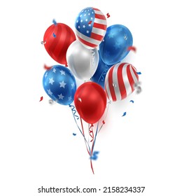 Bouquet, bunch of realistic balloons in American, USA color and ribbons, serpentine, confetti. Vector illustration for card, party, design, flyer, poster, banner, web, advertising. 