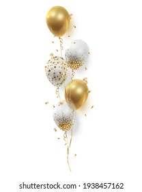 Bouquet, bunch of realistic golden ballons, transparent with confetti, serpentine, paper circles and ribbons. Vector illustration isolated on white background.