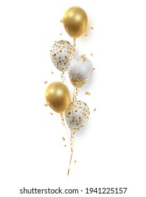 Bouquet, bunch of realistic golden ballons, transparent with confetti, serpentine, paper circles and ribbons. Vector illustration isolated on white background.