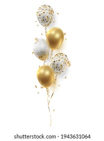 Bouquet, bunch of realistic golden ballons, transparent with confetti, serpentine, paper circles and ribbons. Vector illustration isolated on white background.