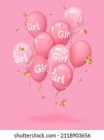 Bouquet, bunch of realistic pink balloons with text girl, gold, golden ribbons. Vector illustration for card, gender reveal party, design, flyer, poster, decor, banner, web, advertising. 