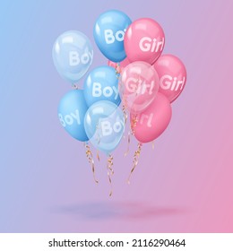 Bouquet, pandilla de globos realistas rosados y azules con un chico de texto, una chica, cintas doradas. Ilustración vectorial para tarjeta, género revelar fiesta, diseño, volante, afiche, decoración, banner, web, publicidad. 