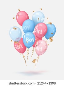 Bouquet, bunch of realistic pink and blue balloons with text boy, girl, gold ribbons. Vector illustration for card, gender reveal party, design, flyer, poster, decor, banner, web, advertising. 