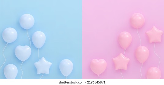 Bouquet, bunch of realistic pink and blue balloons flying. Vector illustration for card, Baby shower, gender reveal party Invitation, design, flyer, poster, decor, banner, web, advertising