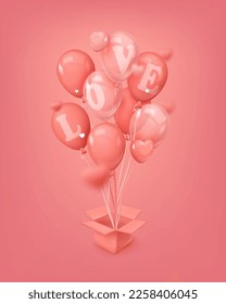 Bouquet, bunch of realistic red balloons, hearts flying out of the box. Vector illustration for Valentine's Day, card, party, design, flyer, poster, decor, banner, web, advertising. 