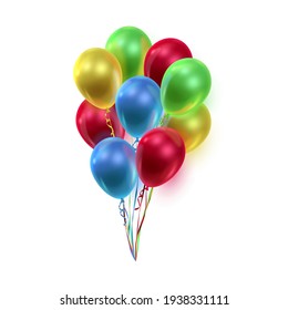 Bouquet, bunch of realistic red, green, blue, yellow ballons and ribbons, serpentine. Vector illustration for card, party, design, flyer, poster, decor, banner, web, advertising. 