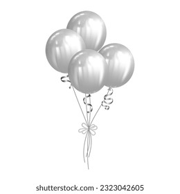 bouquet bunch of realistic silver balloons and ribbons vector illustration for card, party, design, decor, banner, web, advertising