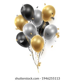 Bouquet, bunch of realistic transparent, golden, silver, black  ballons, ribbons, serpentine, confetti. Vector illustration. 