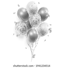 Bouquet, bunch of realistic transparent,  silver ballons and ribbons, serpentine, confetti. Vector illustration for card, party, design, flyer, poster, decor, banner, web, advertising. 