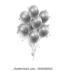 Bouquet, bunch of realistic transparent,  silver ballons and ribbons, serpentine, confetti. Vector illustration for card, party, design, flyer, poster, decor, banner, web, advertising. 