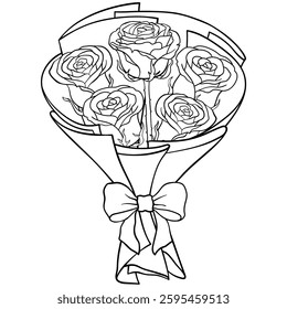 bouquet or bunch or rose flora for congratulation or anniversary line outline doodle hand drawn. Human-made. Not generated by AI.