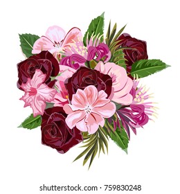 Bouquet of burgundy roses and cute pink flowers. Decor elements for greeting cards, wedding invitations, birthday and other celebrations. Isolated on white background.