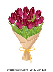 A bouquet of burgundy tulips in a paper wrapper with a ribbon. A charming gift with flowers for Valentine's Day, Mother's Day, or to show appreciation. Design element for greeting card, invitation.