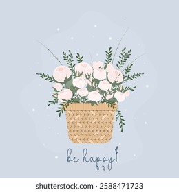 bouquet of bush pink roses with branches of greenery in a woven straw basket. Be happy!