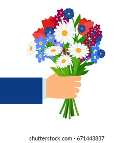 Bouquet In Businessman Hand Isolated On White. Man Holding And Giving Vector Gift Flowers Daisies, Tulips And Cornflowers