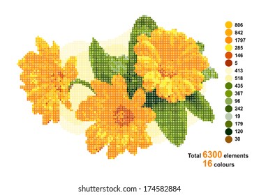 Bouquet with calendula. The scheme for beadwork or cotton threads. Vector illustration.