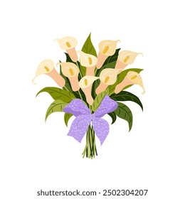 Bouquet of calla lilies. Flowers tied with a ribbon. isolated vector illustration on a transparent background. Flat art for posters, postcards, cards. Vector clip art. Women's Day, Mother's Day.