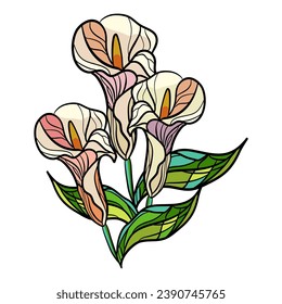 Bouquet of calla lilies with green leaves in stained glass style. Vector illustration.