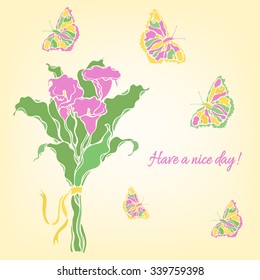 Bouquet of callas with ribbon and butterflies vintage card. Have a nice day wishing card.
