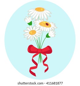 Bouquet camomile with ladybug and bow