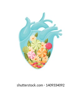 Bouquet of candy, lollipop, flowers and leaves inside the heart. Vector illustration on white background.