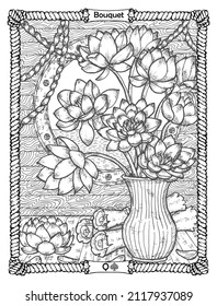 Bouquet card from the oracle Old Marine Lenormand deck with flowers of lotus on table. Nautical vintage background, coloring book page, t-shirt and tattoo vector graphic, pirate adventures concept. 