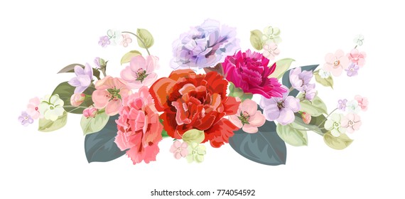 Bouquet of carnation schabaud, spring blossom. Horizontal border with red, mauve, pink flowers, buds, green leaves on white background. Digital draw illustration in watercolor style, vintage, vector