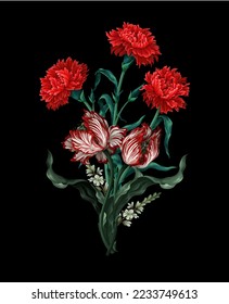 Bouquet with carnation, tulip and other flowers. Vector