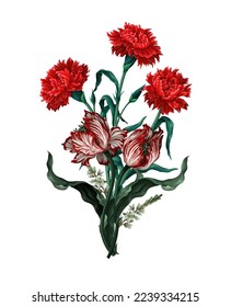 Bouquet con claveles, tulipanes y otras flores. Vector