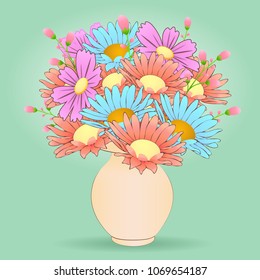 Bouquet of cartoon flowers in the vase, vector hand-drawn. Colorful meadow buds multicolored chamomile and pink flowers in beige vase isolated on pastel green blue background. Vector illustration