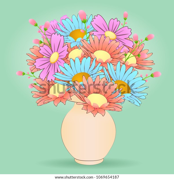Bouquet Cartoon Flowers Vase Vector Handdrawn Stock Vector